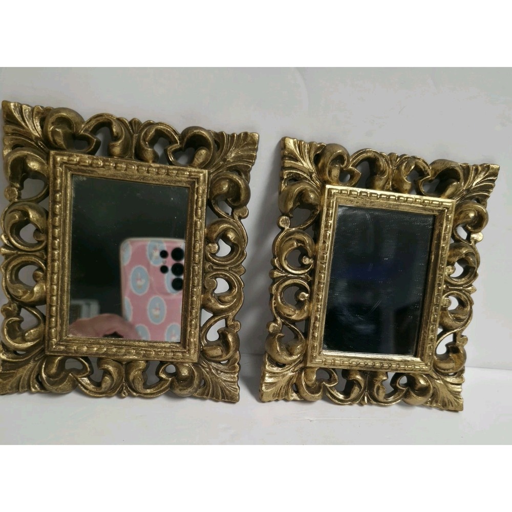 Vintage TMC Gold Filigree Ornate Small Accent Mirrors Set of 2 Baroque Tuscan